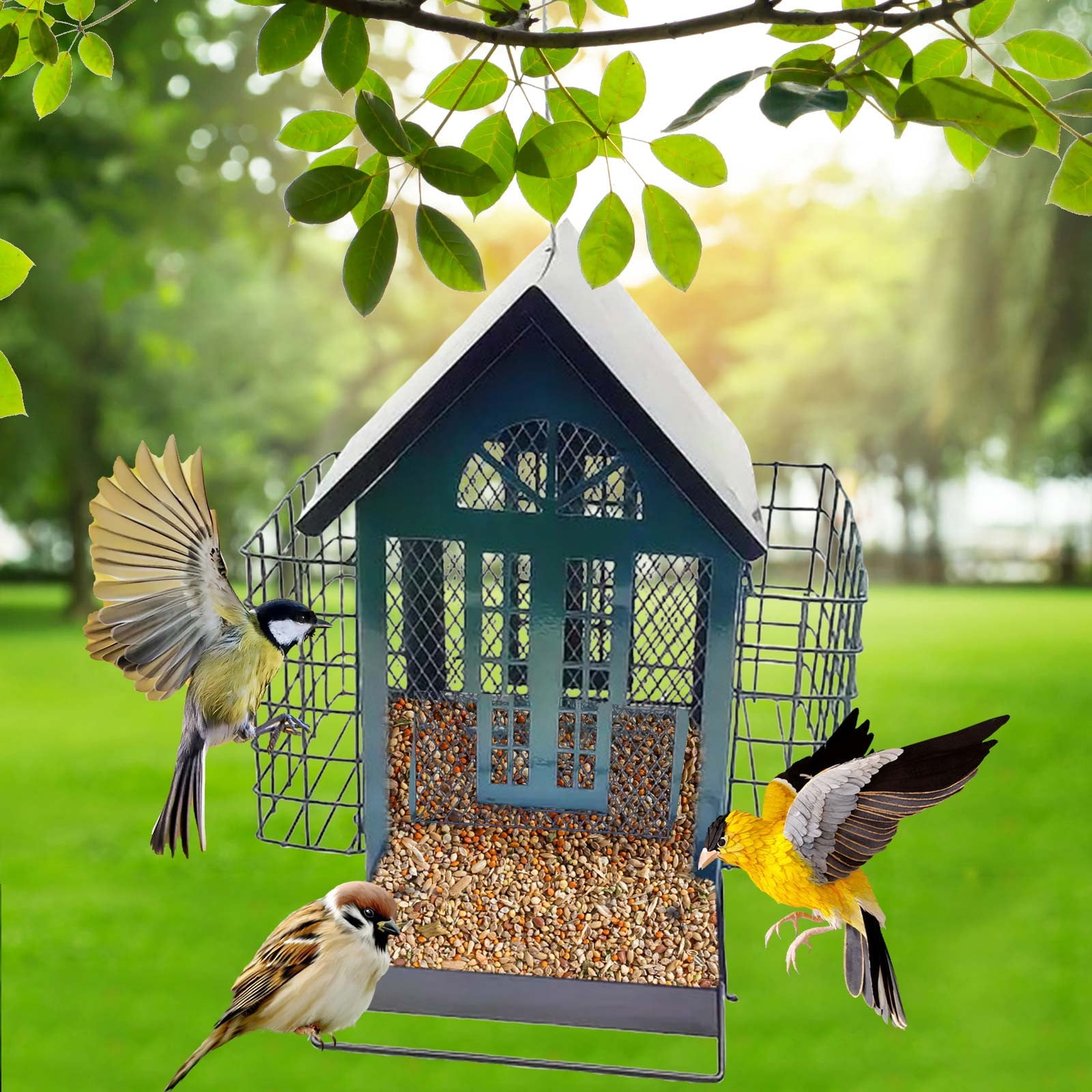 Yyuenw Bird Feeder House for Outside, Metal Bird Feeder with Double Suet Cage Cake,Sturdy & Weatherproof, Metal Wild Bird Feeder Large Capacity for Outdoor Garden Decoration Yard Attracting Wild Birds