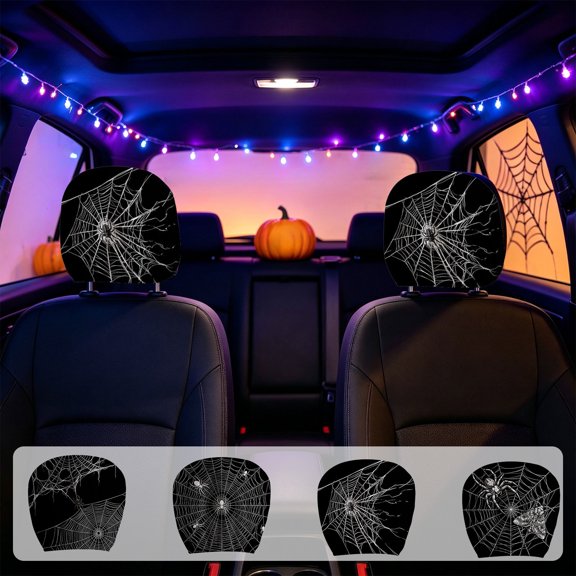 Yyuenw Black Spider Web Car Headrest Cover, Polyester Stain-Resistant Dust-Proof Protector, Universal Fit Interior Car Accessory