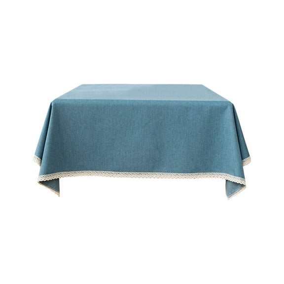 Yyuenw Blue Cotton-Linen Tablecloth, 55x55-inch Square Tablecloth with Lace Trim, Suitable for Dining Table, Coffee Table and Home Decor