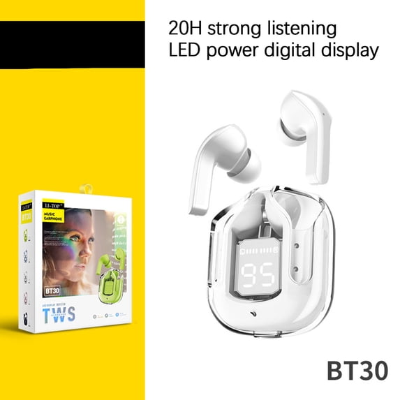 Yyuenw Bluetooth Headphones, BT30 Transparent Digital Display Wireless Bluetooth Headset Bilateral Stereo Copper Ring Speaker With Charging Bin