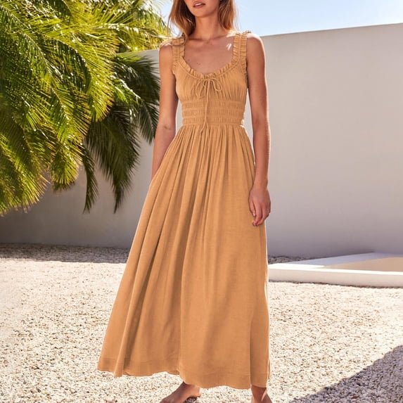 Yyuenw Casual Dresses for Women, Slim Elastic Waist Ruched Solid Maxi Dress, Sleeveless Ruffle Spaghetti Strap Flowy Sundress, Beach Vacation Travel Casual Outings Dress
