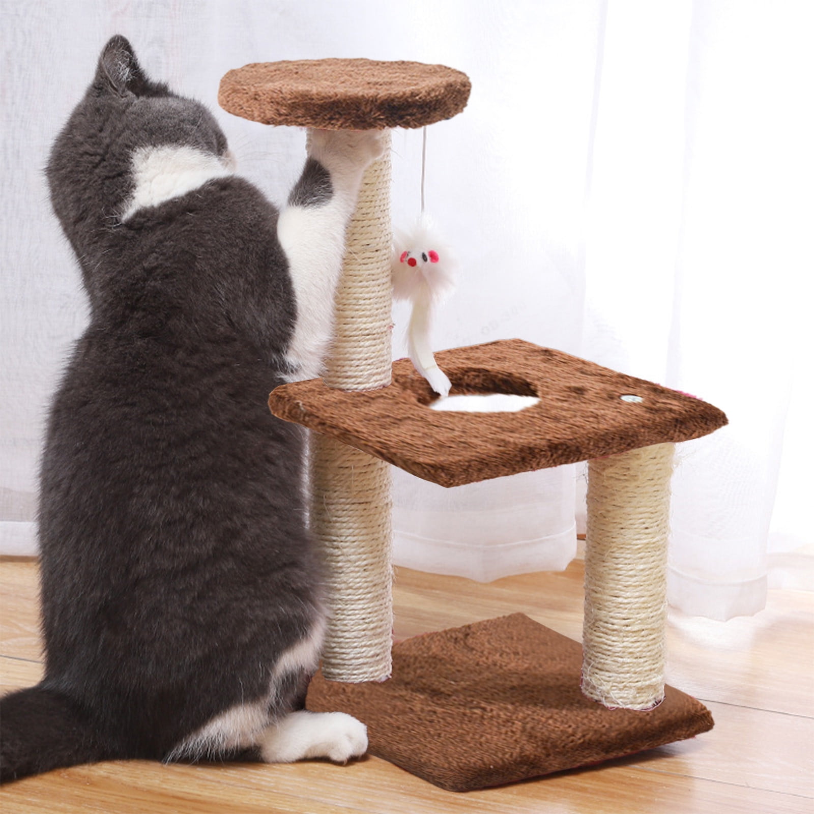 Yyuenw Cat Scratching Post 15 inch Small Cat Tree With Sisal Scratching Pole, Heavy Duty and Thicker Cat Scratching Post Sisal Rope with Hanging Ball and Mice Scratching Post for Indoor Cats and Adult