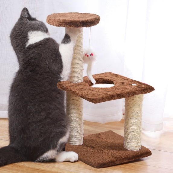 Yyuenw Cat Scratching Post 15 inch Small Cat Tree With Sisal Scratching Pole, Heavy Duty and Thicker Cat Scratching Post Sisal Rope with Hanging Ball and Mice Scratching Post for Indoor Cats and Adult