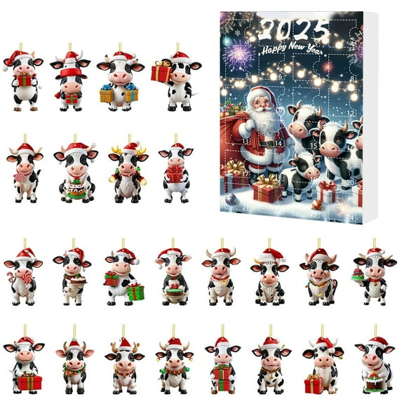 Yyuenw Christmas Countdown Calendars, Cute Calendars with 24 Cow Figures Toys, Cartoon Ornament Toy Festive Decor for Holiday, 24 Days of Christmas Advent Calendar Cow with Santa Hats