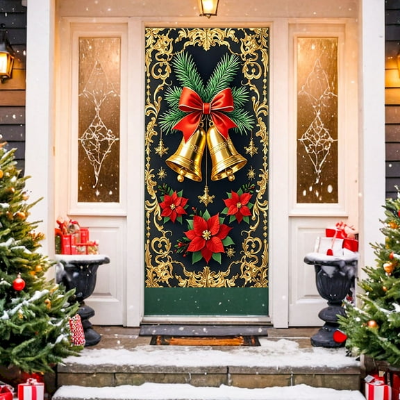 Yyuenw Christmas Door Cover 35x71 Inch Red and Gold Bell Door Banner with Bow and Ornaments Holiday Front Door Decoration Outdoor Christmas Decorations for Porch Entry Hanging