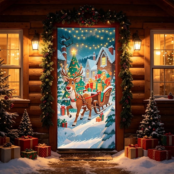 Yyuenw Christmas Door Tapestry Xmas Front Door Hanging Decor Holiday Party Cloth Door Curtain For Home Front Door Bedroom Wall Indoor Xmas