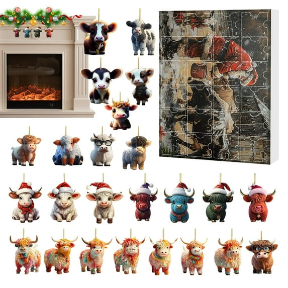 Yyuenw Christmas Highland Cow Advent Calendar 2025, 24 Days of Christmas Advent Calendar Hanging Ornament, Xmas Tree Cartoon Cow Decorative Ornament