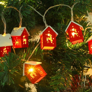 Yyuenw Christmas String Lights Christmas String Lights 6.6 Ft Wooden House String Lights With Carved Reindeer Patterns Warm Colored Light Christmas Tree Hanging Decoration