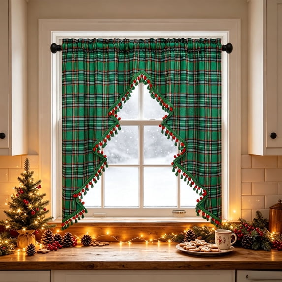 Yyuenw Christmas Tree Swag Valances,Snow Views Buffalo Plaid Light Filtering Curtains,Tassel Rod Pocket Farmhouse Kitchen Window Treatment 39x24