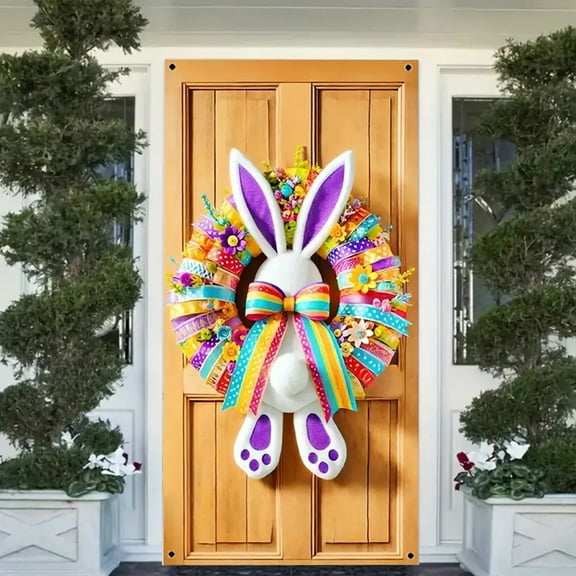 Clearance Under $5!Yyuenw Colorful Easter Bunny Wreath Door Cover Festive And Adorable Decoration Large Fabric Colorful Spring Welcome Decoration for Easter Party Photo Booth Background Favor Supplies