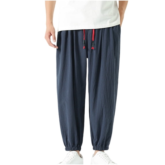 Dvprdro Cotton Sweatpants for Men Plus Size Elastic Waist Jogger Pants Loose Fit Drawstring Closed Bottom Trousers with Pockets