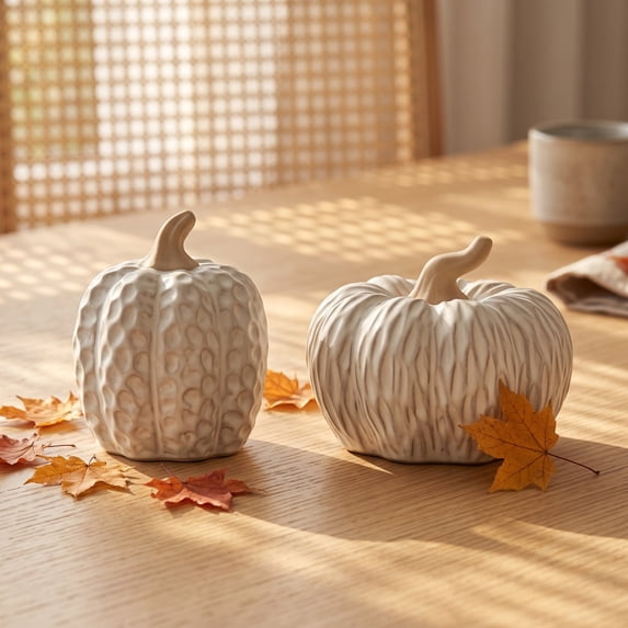 Yyuenw Cream Embossed Distressed Ceramic Pumpkin Set 2 Sizes Textured Sculpture Fall Thanksgiving Table Centerpiece Mantel Tiered Tray Decor