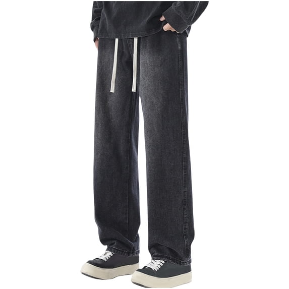 Dvprdro Denim Sweatpants for Men Wide Leg Elastic Waist Drawstring Casual Baggy Pants Open Bottom Fashion Loose Fit Trousers with Pockets