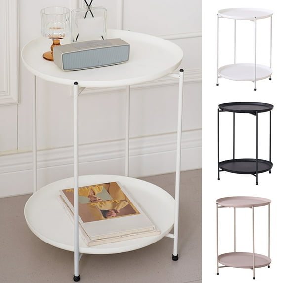 Yyuenw Double-layer Round Small Coffee Table,2-Tier Side Table Nightstand,Plastic Small Corner Table Modern Concise Living Room Bedroom Small Round Table