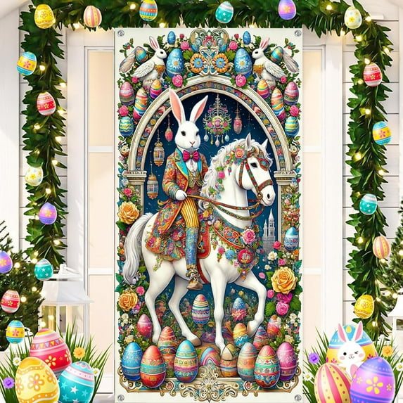 Clearance Under $5!Yyuenw Easter Backdrop Banner, Easter Photo Decorations Background, Easter Rabbit Colorful Eggs Fence Grass Wall Decor Photography Background