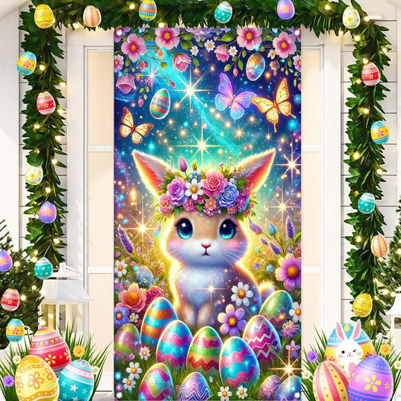 Clearance Under $5!Yyuenw Easter Backdrop Banner, Easter Photo Decorations Background, Easter Rabbit Colorful Eggs Fence Grass Wall Decor Photography Background