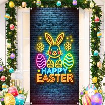 Yyuenw Easter Backdrop Banner, Easter Photo Decorations Background, Easter Rabbit Colorful Eggs Fence Grass Wall Decor Photography Background