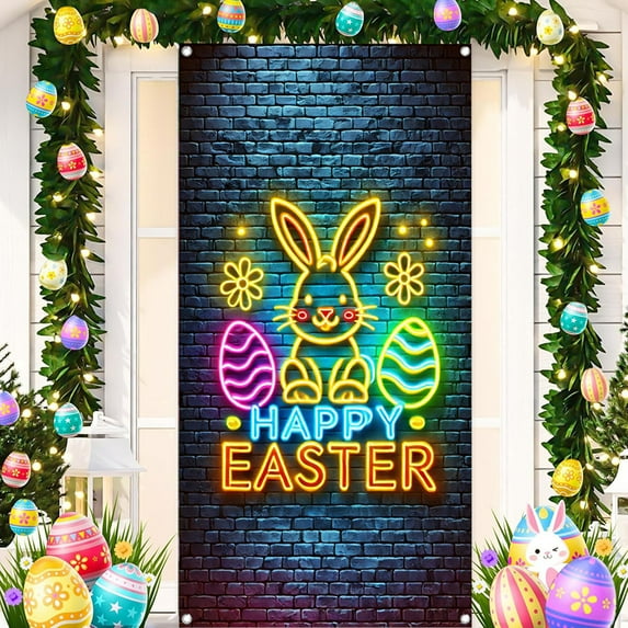 Yyuenw Easter Backdrop Banner, Easter Photo Decorations Background, Easter Rabbit Colorful Eggs Fence Grass Wall Decor Photography Background