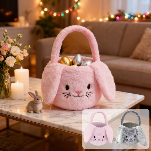 Yyuenw Easter Basket, Plush Floppy-Eared Rabbit Tote, Adorable Rabbit Storage Basket Perfect for Easter Decorations, Party Supplies, Easter Egg Hunt