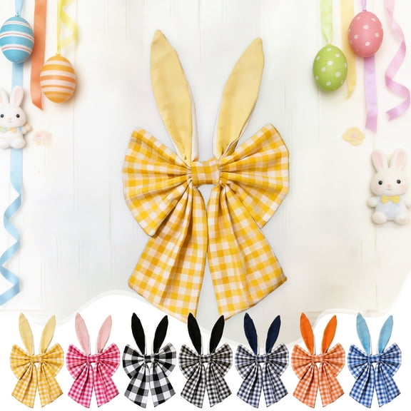 Yyuenw Easter Bunny Ear Bows, Large Linen Plaid Bow Decoration, Ideal for Door & Window Decor, Gift Basket Accent and Easter Decorations
