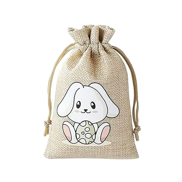 Yyuenw Easter Burlap Bag Easter Burlap Bags with Drawstrings Bunny Rabbit Linen Pouches Sacks with Ribbon Party Favor Bag for Birthday Treats Goodie