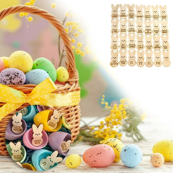 Clearance Under $5!Yyuenw Easter Egg Tokens Set Includes 28 Pcs Wood Easter Reward Tokens Easter Wooden Tokens with Gift Bag for Easter Party
