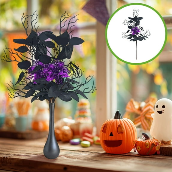 Clearance Under $5!Yyuenw Faux Halloween Floral Picks, Black Artificial Flowers, Faux Eucalyptus Leaves Branches for Halloween Bathroom Kitchen Table Gothic Indoor Home Farmhouse Party Bouquet Decor