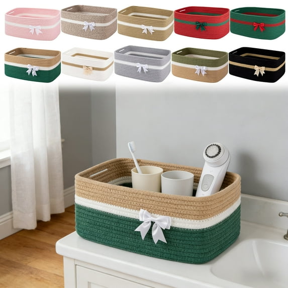 Yyuenw Gift Storage Basket 13.5x10x6 inches Woven Cotton Rope Gift Basket with Handles and Satin Ribbon Bow Ideal for Holiday Party & Home Decor