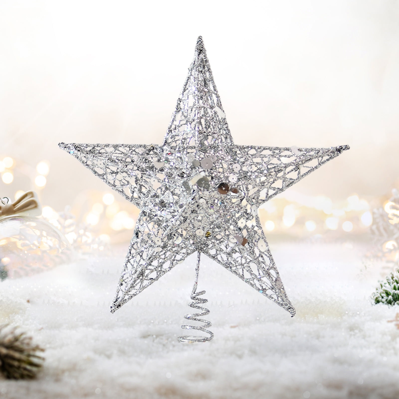 BAKAJI - Puntale Forma Stella Argento con Glitter Altezza 30cm Decorazione Albero Natale