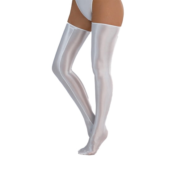 Yyuenw Glossy Thigh High Stockings for Women, Shiny Satin Footed Socks with Elastic Top Band, Dancing Stage Wear