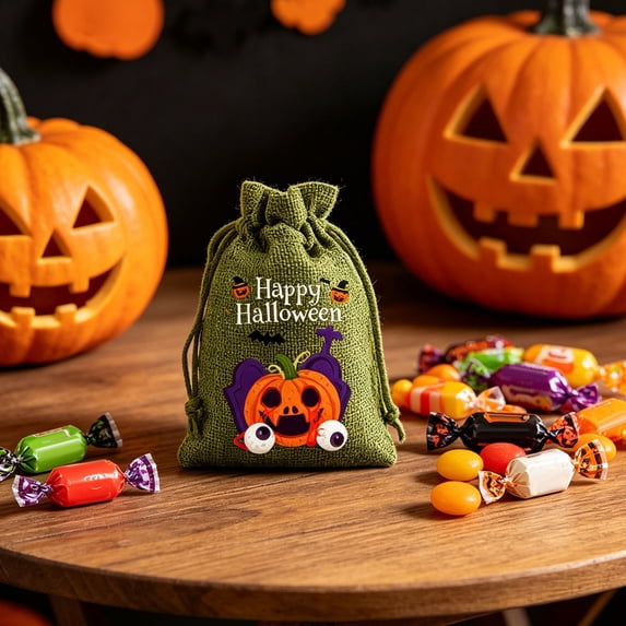 Yyuenw Halloween Drawstring Bags Reusable Linen Candy Goodie Bags, Portable Party Favor Pouches, Multipurpose Treat Bags for Trick-or-Treat, Holiday Decor