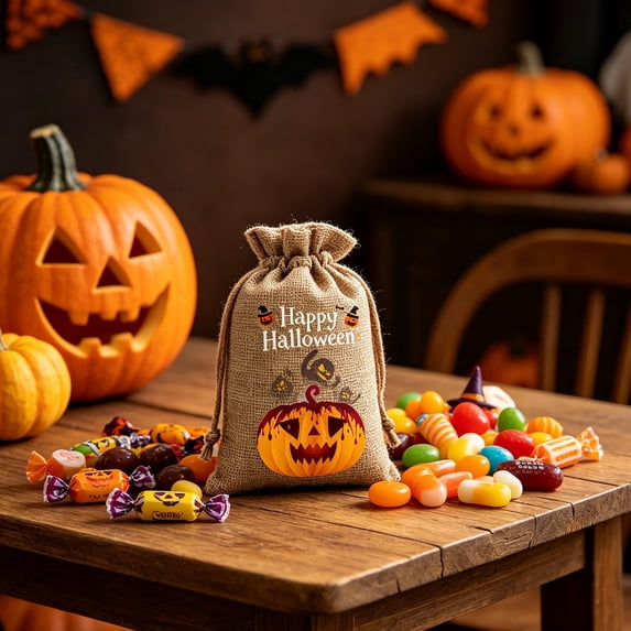 Yyuenw Halloween Drawstring Bags Reusable Linen Candy Goodie Bags, Portable Party Favor Pouches, Multipurpose Treat Bags for Trick-or-Treat, Holiday Decor