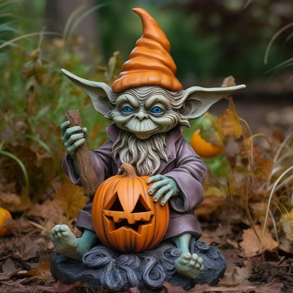 Yyuenw Halloween Garden Gnome Statue with Pumpkin, Halloween Decorations Outdoor Indoor, Resin Crafts Elf with Light Up Pumpkin Figurine for Home Patio Yard Garden Decor