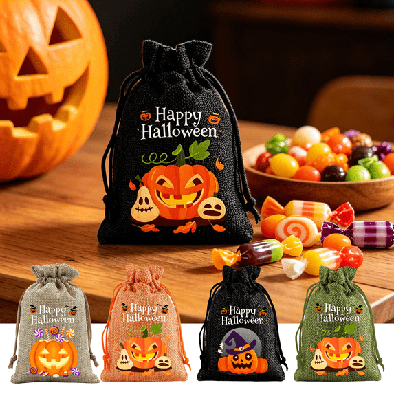 Yyuenw Halloween Linen Drawstring Candy Bags, Reusable Portable Goodie Gift Pouches, Multipurpose Trick or Treat Bags, Halloween Party Favors & Home Decorations