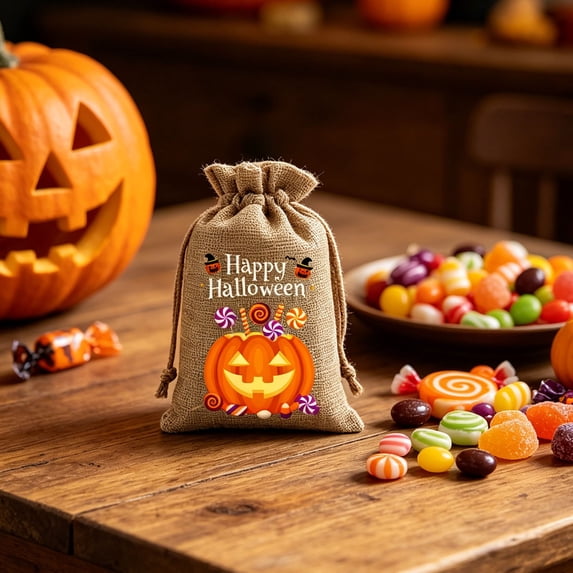 Yyuenw Halloween Linen Drawstring Candy Bags, Reusable Portable Goodie Gift Pouches, Multipurpose Trick or Treat Bags, Halloween Party Favors & Home Decorations