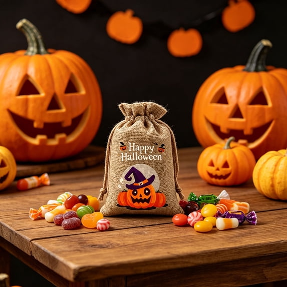 Yyuenw Halloween Linen Drawstring Candy Bags, Reusable Portable Goodie Gift Pouches, Multipurpose Trick or Treat Bags, Halloween Party Favors & Home Decorations
