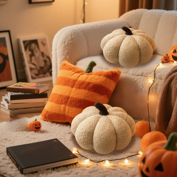 Yyuenw Halloween Pumpkin Plush Pillow, 3D Simulated Pumpkin Pillow, Teddy Fleece Pumpkin Throw Pillows, Halloween Happy Halloween Sherpa Fall Decorative Pumpkin Shaped Pillow Cute 3D Shaped Cushion