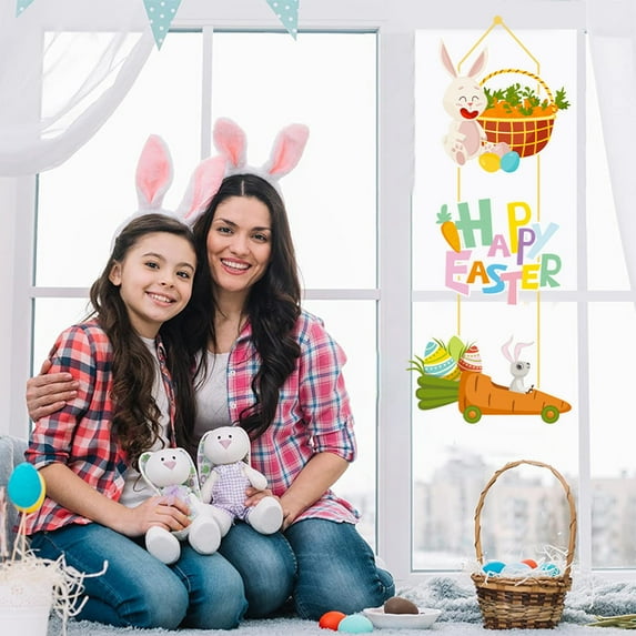 Clearance Under $5!Yyuenw Happy Easter Rabbit Theme Wooden Front Door Sign Hanging, Lovely Bunny Egg Decorative Wall Plaque, Colorful Spring Easter Home Decoration for Front Door Yard Easter Gift