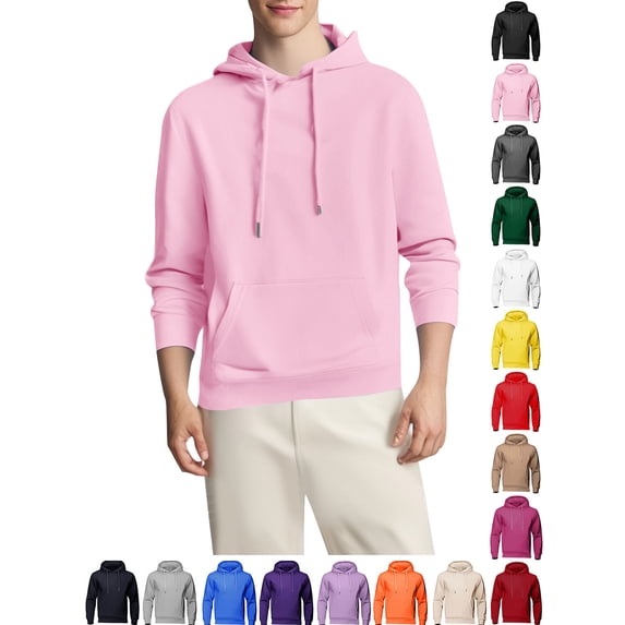 Yyuenw Hoodies for Men Long Sleeve Fleece Solid Pullover Casual Athletic Drawstring Hooded Sweatshirts with Pocket Pink XS