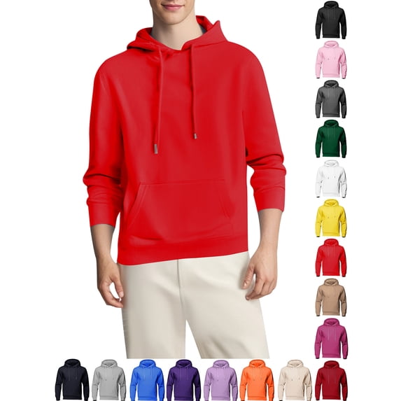 Yyuenw Hoodies for Men Long Sleeve Fleece Solid Pullover Casual Athletic Drawstring Hooded Sweatshirts with Pocket Red M