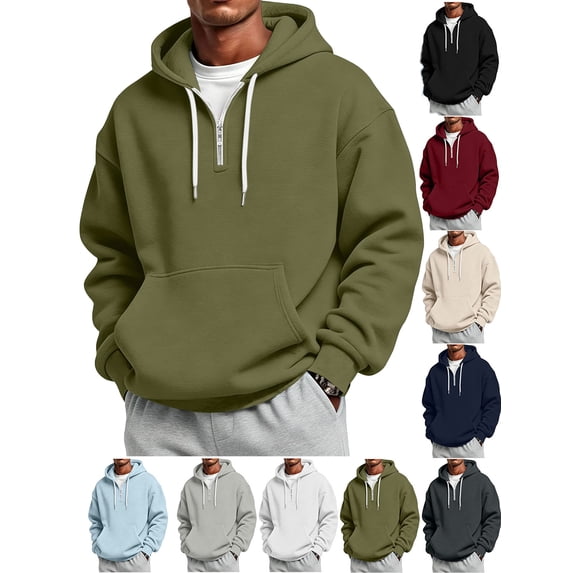 Yyuenw Hoodies for Men Quarter Zip Long Sleeve Pullover Casual Loose Fit Athletic Drawstring Hooded Sweatshirts with Pocket