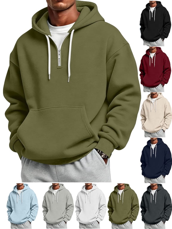 Hoodies for Men Quarter Zip Long Sleeve Pullover Casual Loose Fit Athletic Drawstring Hooded Sweatshirts with Pocket