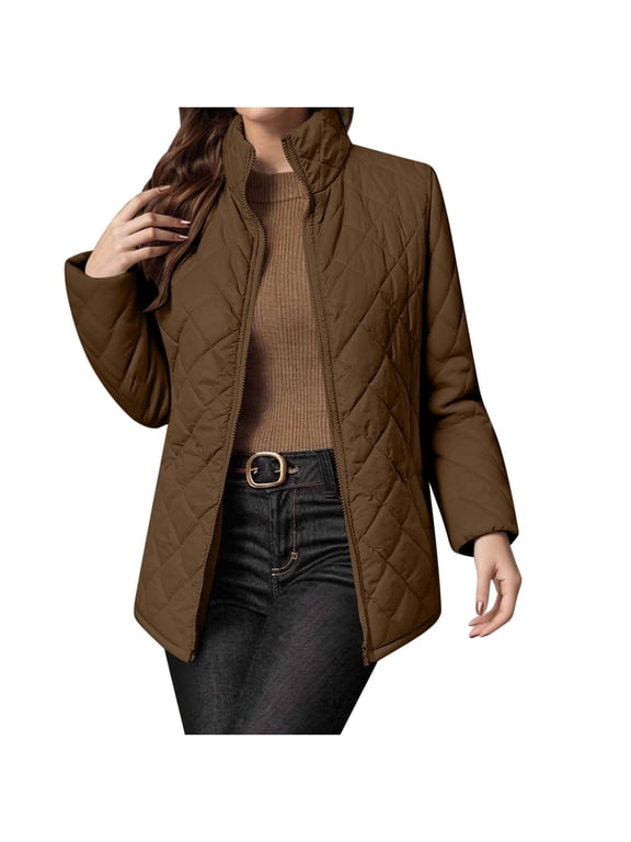 Ladies Argyle Quilted Puffer Cotton Coat Stand Neck Long Sleeve Zip Front Relax Fit Fall Winter Warm Outerwear