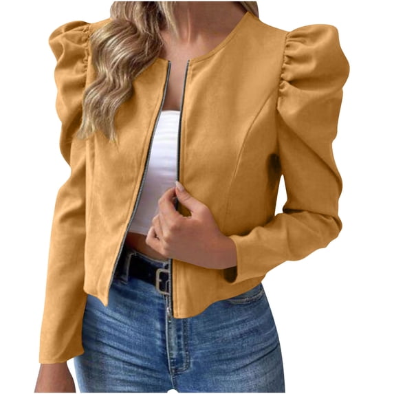 Yyuenw Ladies Round Neck Cropped Faux Suede Zip Jacket Puff Shoulder Slim Office Commuter Outerwear Early Fall