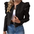 thumbnail image 1 of Yyuenw Ladies Round Neck Cropped Faux Suede Zip Jacket Puff Shoulder Slim Office Commuter Outerwear Early Fall, 1 of 9