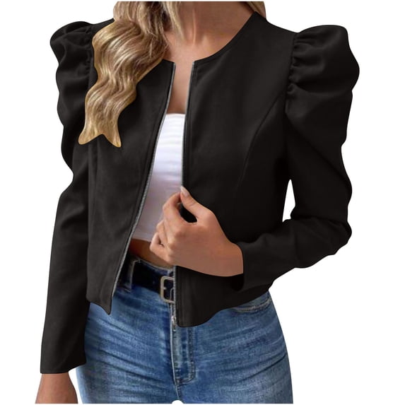 Yyuenw Ladies Round Neck Cropped Faux Suede Zip Jacket Puff Shoulder Slim Office Commuter Outerwear Early Fall