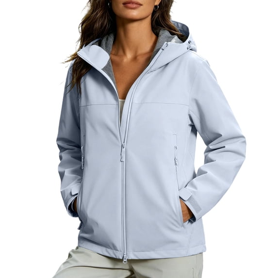Yyuenw Ladies Solid Color Hooded Softshell Jacket Fleece Lined Zip Side Pocket Casual Outdoor Hiking Coat Windproof Waterproof