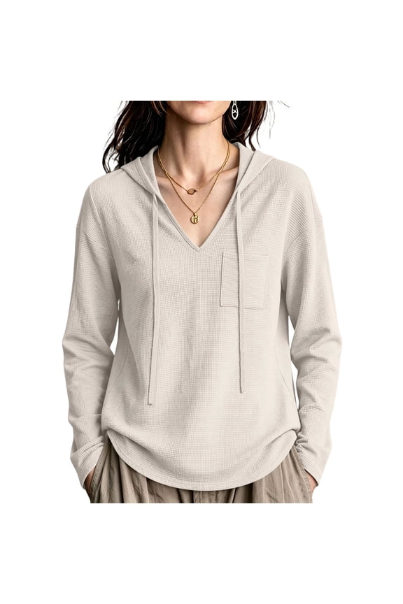 Lightweight Waffle Knit Hooded for Women, V Neck Long Sleeve Pocket Curved Hem Loose Ladies Tunic for Daily Casual Vacation