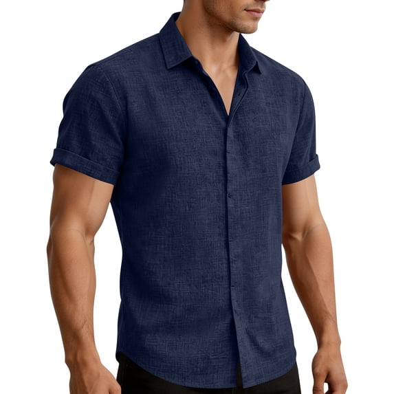 Yyuenw Linen Shirts for Men, Solid Color Slim Fit Short Sleeve Button Down Shirt, Casual Summer Top for Men