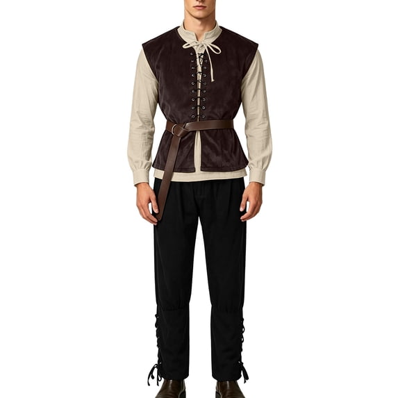 Yyuenw Men Medieval Renaissance 4Pcs Outfit Shirt Vest Pants Belt Cosplay Costume Theme Halloween Set